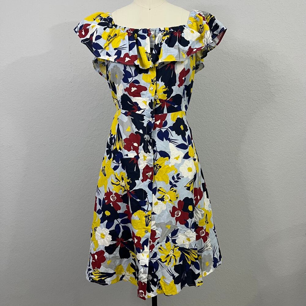Zara Floral Cotton Linen Off-Shoulder Dress with Pockets - Large
